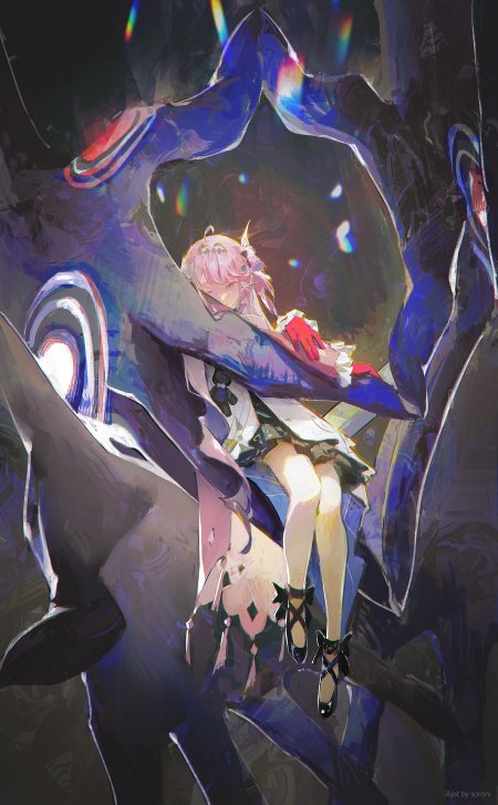 崩坏星穹铁道三月七粉发少女坐姿蓝紫幻彩动漫手机壁纸