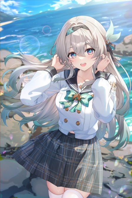 碧蓝海边银发少女水手服微笑蓝绿动漫手机壁纸