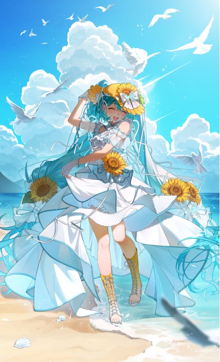 初音未来海滩向日葵蓝白裙装少女动漫手机壁纸