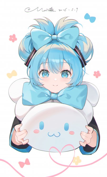 初音未来蓝发双马尾抱玉桂狗玩偶粉蓝可爱动漫手机壁纸