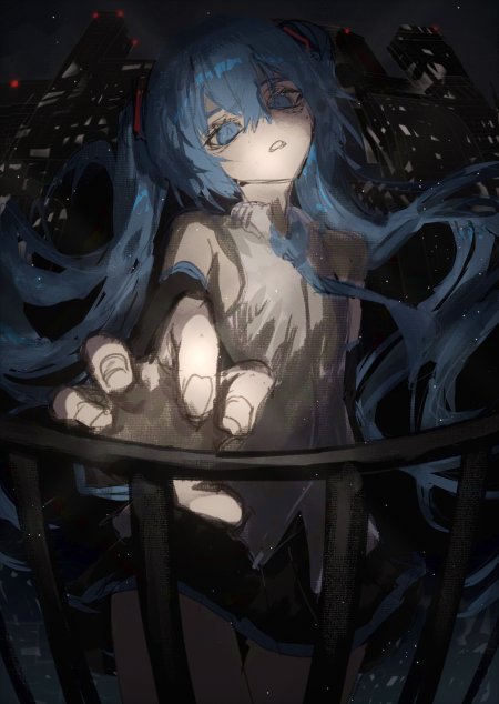 初音未来蓝发少女夜景城市背景暗蓝动漫手机壁纸