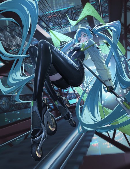 初音未来蓝发双马尾持杖跃动青绿霓虹动漫手机壁纸