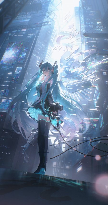 初音未来蓝发双马尾赛博都市光影动漫手机壁纸
