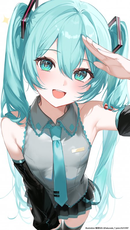 初音未来蓝发双马尾少女敬礼微笑青蓝动漫手机壁纸