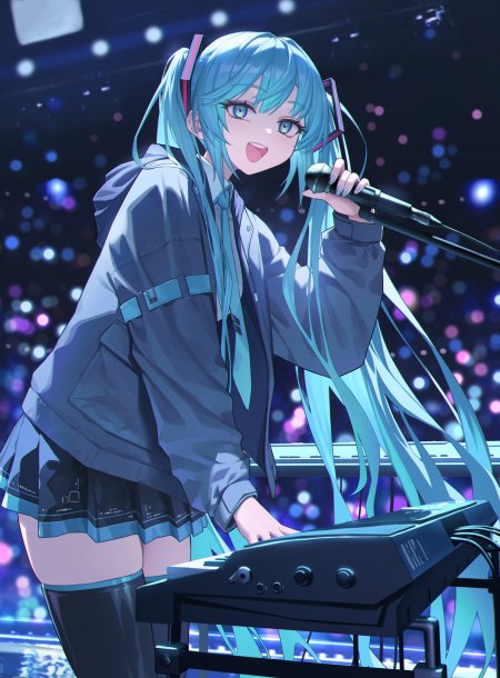 初音未来蓝发双马尾舞台演唱紫蓝光斑动漫手机壁纸
