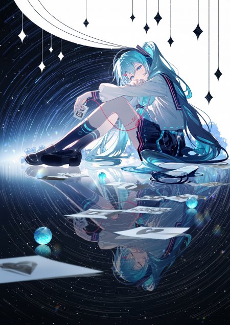 初音未来蓝发双马尾坐姿星空倒影蓝紫动漫手机壁纸