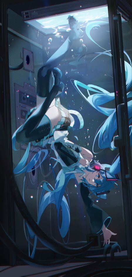 初音未来水下舱室漂浮蓝白科幻动漫手机壁纸