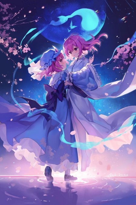 东方魔理沙与灵梦樱花夜舞蓝紫梦幻动漫手机壁纸