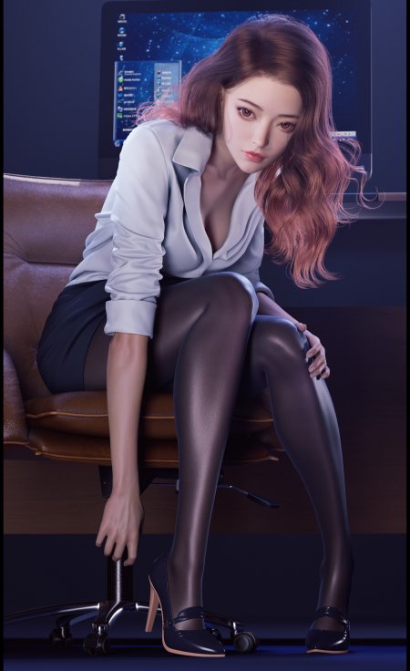 动漫风格棕发少女白衬衫黑裙坐椅姿态优雅蓝紫调人物摄影手机壁纸