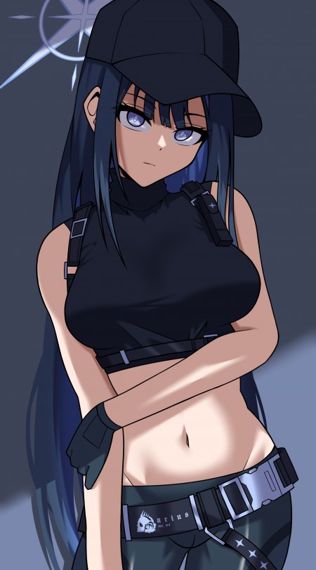 动漫角色黑发蓝瞳少女戴帽黑衣战术风暗灰动漫手机壁纸