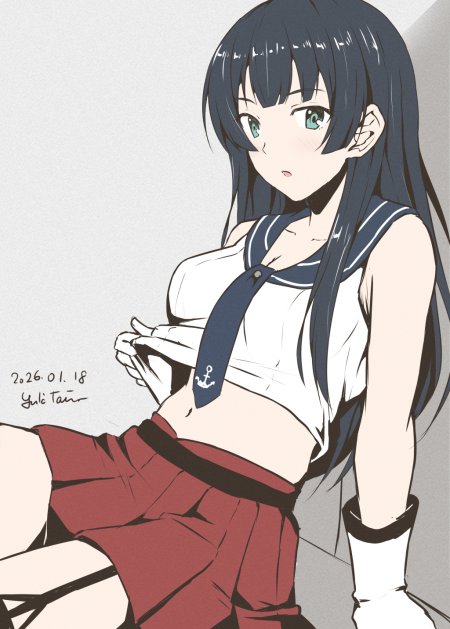动漫角色黑长直绿眼少女水手服红裙蓝白配色动漫手机壁纸