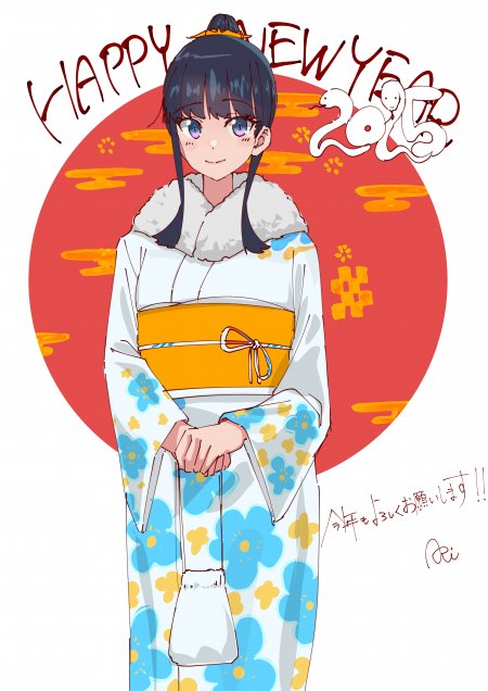 动漫角色水原千鹤穿蓝花白底和服持小包微笑红橙背景新年贺图动漫手机壁纸
