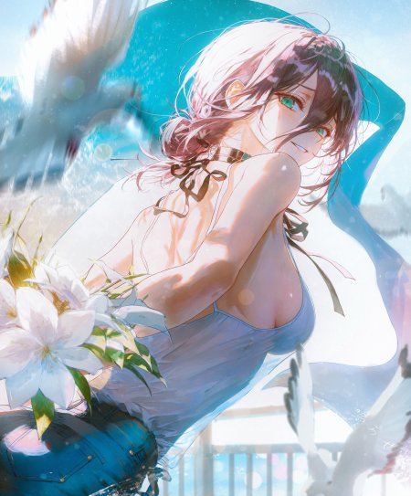 动漫少女白发绿眸手持白百合蓝白唯美插画手机壁纸
