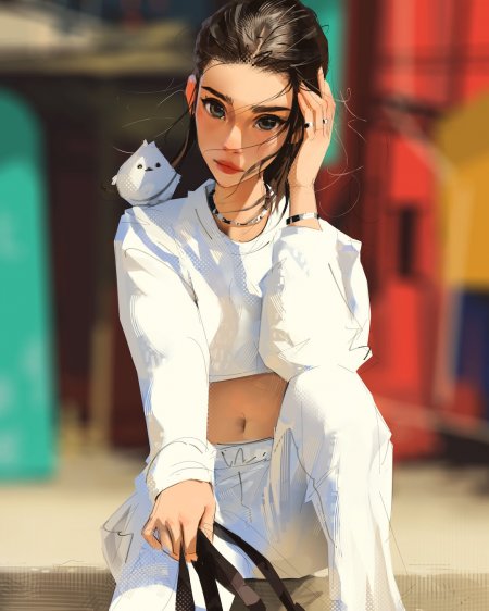 动漫少女白衣蹲坐肩栖小鸟蓝灰调动漫手机壁纸