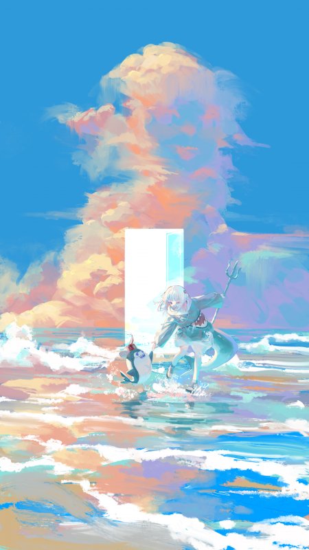 动漫少女持三叉戟踏浪奔跑粉紫蓝彩梦幻插画手机壁纸