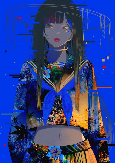 动漫少女蓝黑长发和风服饰数字艺术蓝紫科幻手机壁纸