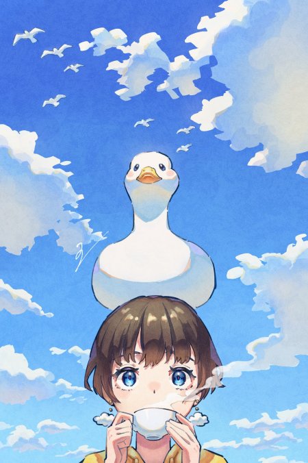 动漫少女头顶白鸭蓝天白云蓝白唯美插画手机壁纸