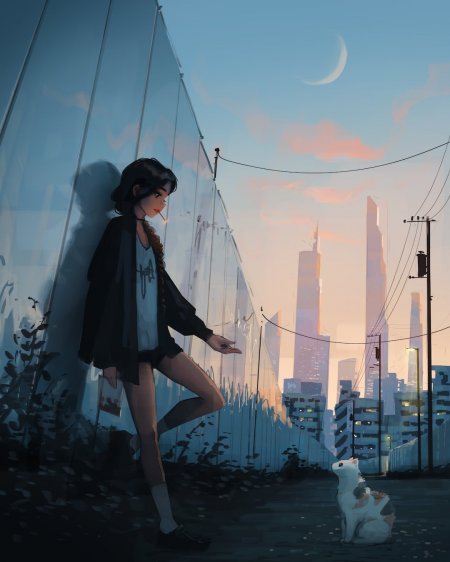 都市黄昏少女倚墙伸手指向白猫蓝粉渐变情感文艺创意手机壁纸
