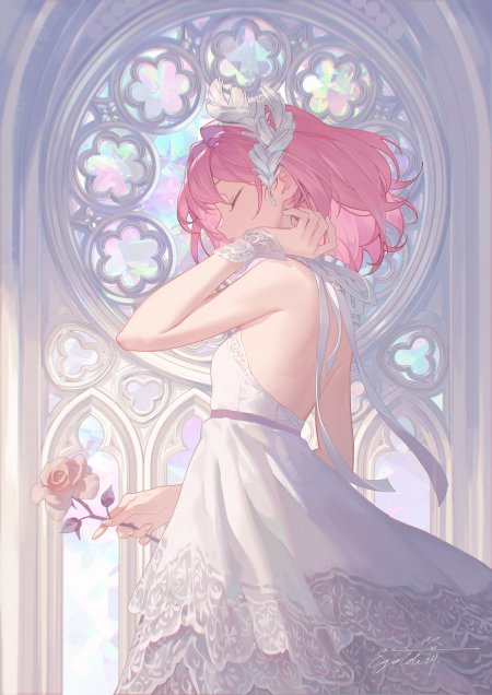 粉发少女白裙持玫瑰闭眼祈祷梦幻紫蓝动漫手机壁纸