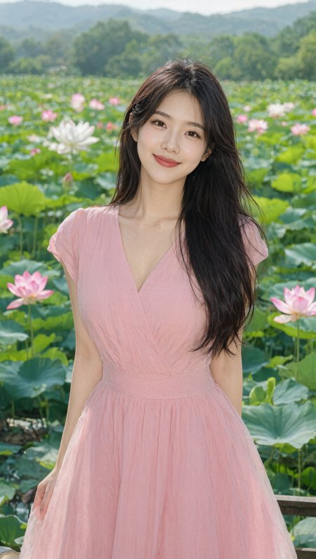 粉色长裙美女微笑伫立荷花池畔绿意盎然人物摄影手机壁纸
