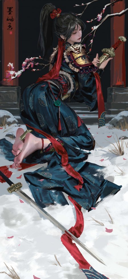 古风少女雪地持剑红蓝金纹服饰暗调唯美动漫手机壁纸