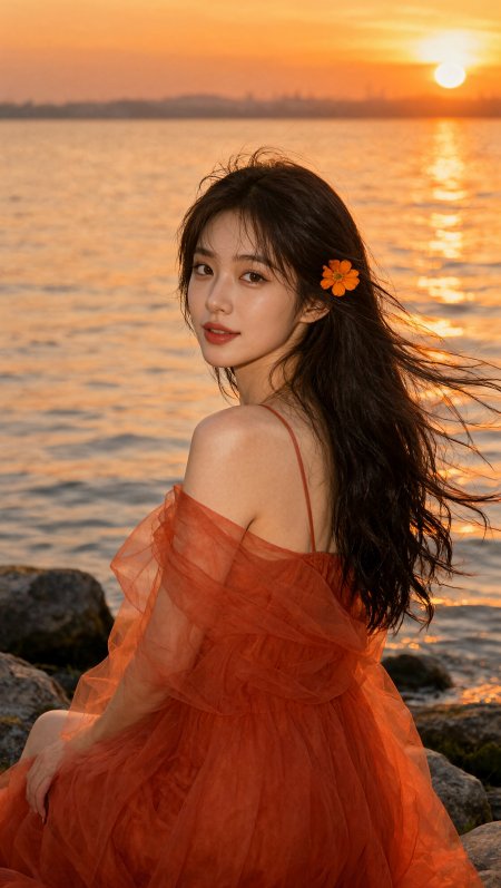 海边夕阳橙裙美女回眸暖金人物摄影手机壁纸