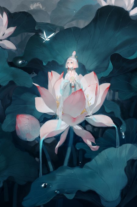 荷塘夜色白发少女坐莲绽放青蓝梦幻动漫手机壁纸