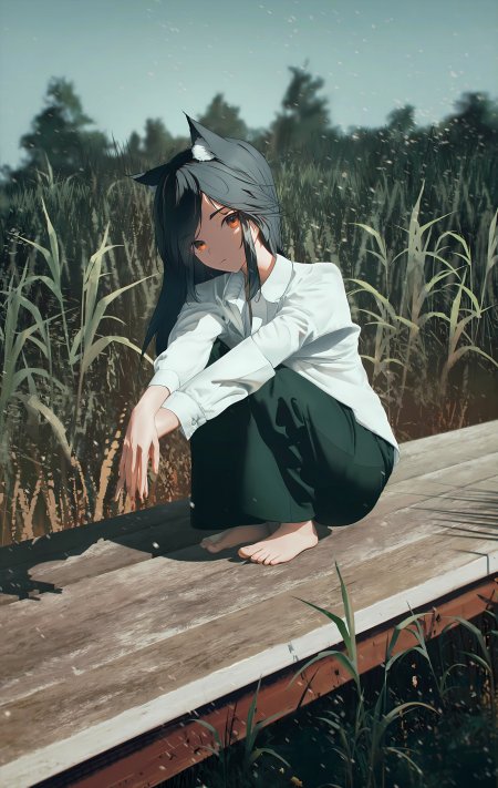 黑发猫耳少女蹲坐木桥青绿芦苇丛中暖灰动漫手机壁纸