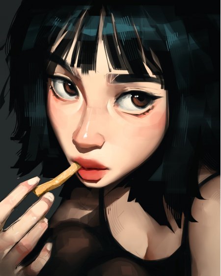 黑发齐刘海少女咬薯条暖棕动漫手机壁纸