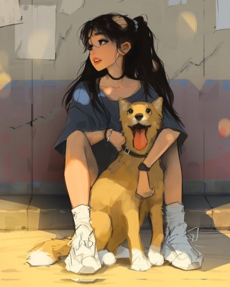 黑发少女怀抱柴犬暖黄动漫手机壁纸