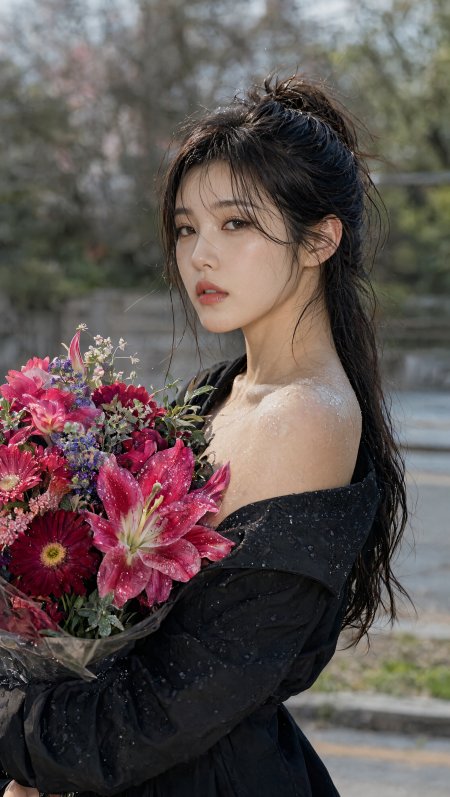 黑衣湿发少女手捧艳丽花束暖调人物摄影手机壁纸