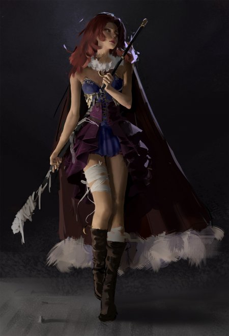 红发少女持剑披风紫蓝裙装暗黑奇幻动漫手机壁纸