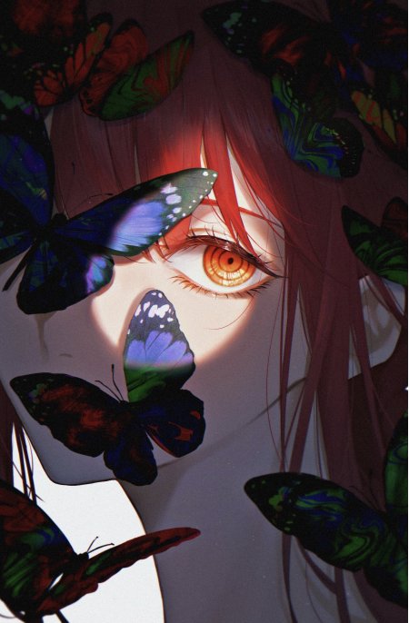 红发少女橙瞳蝴蝶环绕梦幻紫蓝动漫手机壁纸