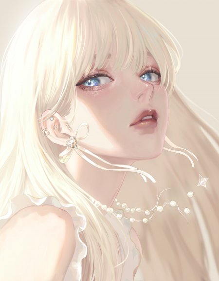 金发蓝眼少女珍珠蝴蝶结耳饰柔光唯美动漫手机壁纸