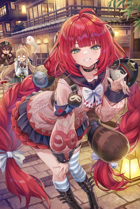 绝区零红发双马尾少女水红发绿眸水手服姿态俏皮暖黄动漫手机壁纸