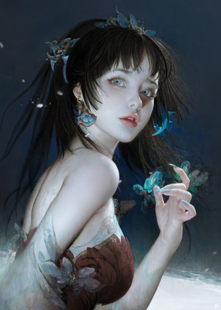 蓝蝶少女黑发碧眼手持幻蝶蓝紫奇幻手机壁纸