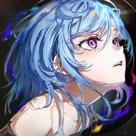 蓝发粉瞳少女侧脸凝望紫蓝光晕动漫手机壁纸
