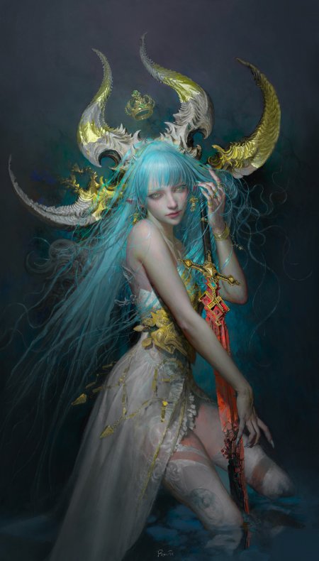 蓝发少女金角王冠持剑暗蓝奇幻手机壁纸