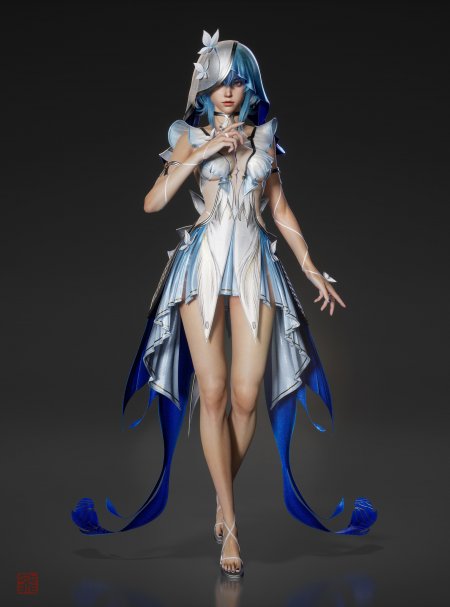 蓝发少女银白蓝裙蝴蝶装饰动漫游戏角色手机壁纸