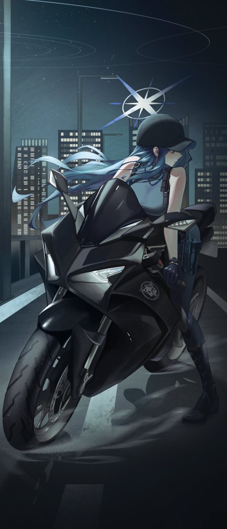 蓝发少女骑黑色机车夜城霓虹暗蓝汽车手机壁纸