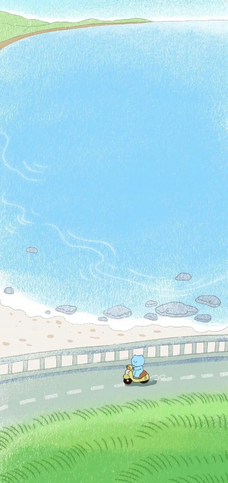 蓝色小猫骑黄色踏板车沿海公路行驶蓝绿清新插画风创意手机壁纸
