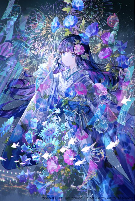 蓝紫花海中和服少女手持水晶球梦幻烟花背景动漫手机壁纸