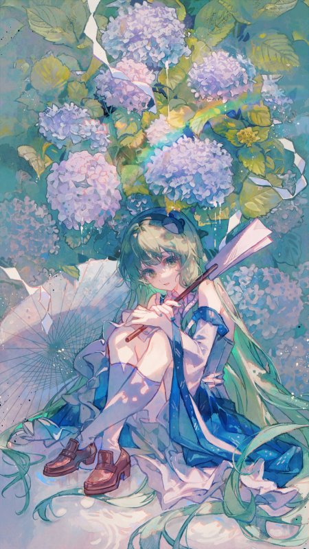 蓝紫绣球花丛中绿发少女持伞坐姿清新梦幻动漫手机壁纸