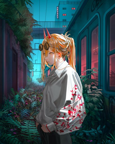 链锯人帕瓦红角金发少女侧身站立蓝绿霓虹都市背景动漫手机壁纸