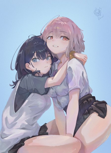 两位少女亲密相拥蓝灰粉调动漫手机壁纸