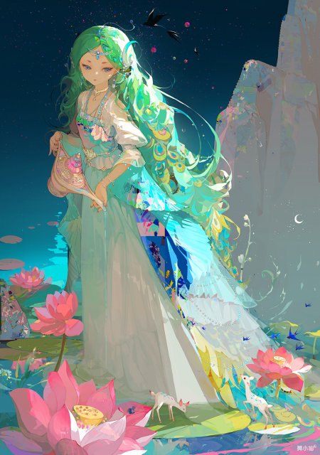 绿发少女持贝壳立莲池青蓝梦幻动漫手机壁纸