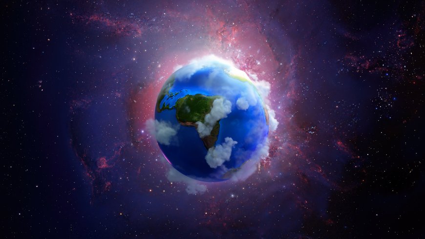 地球悬浮星云环绕蓝紫红太空科幻电脑壁纸