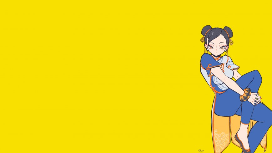 动漫角色双丸子头蓝白旗袍少女坐姿明黄背景动漫电脑壁纸