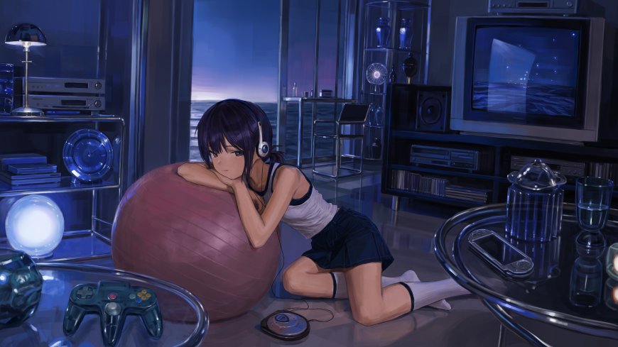 动漫少女戴耳机倚健身球室内蓝调氛围唯美插画电脑壁纸