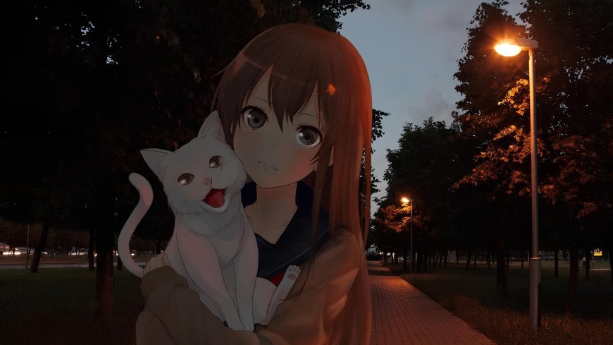 动漫少女怀抱白猫路灯暖光夜景人文风土电脑壁纸